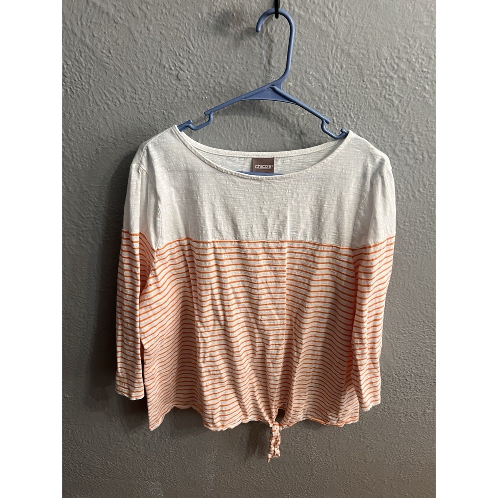 Womens Chicos White Orange Striped Top Size 3 3/4 Pullover